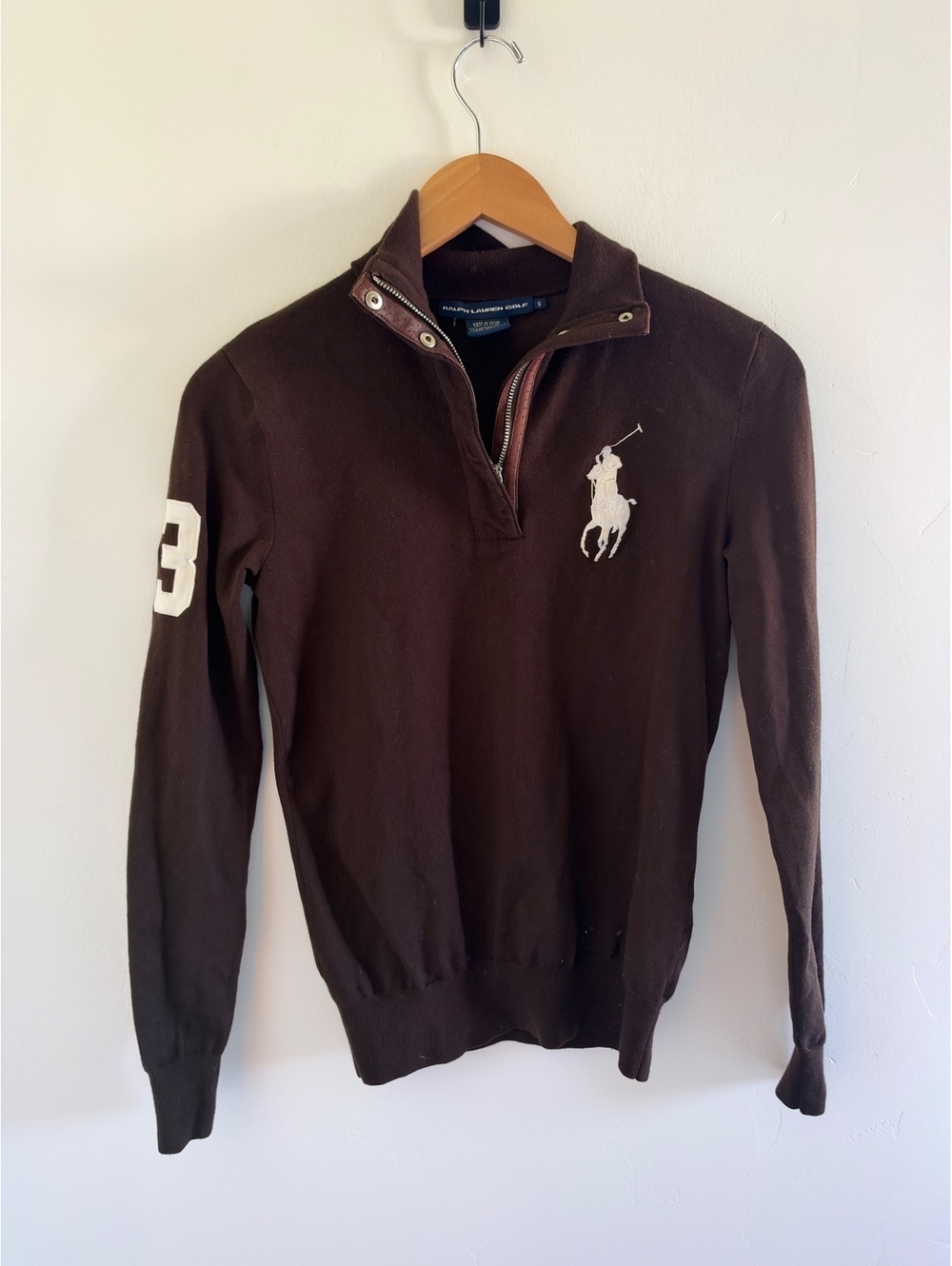 Ralph Lauren Golf Brown Merino Wool Big Pony Quarter Zip Sweater Size Small